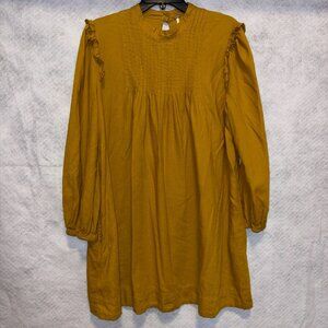 Free People Tunic Womens M Yellow Linen Blend Ruffle Sleeve Peasant Smocked Top